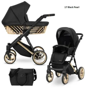 Бебешка количка Kunert Ivento Glam Black Pearl със златист 3D кош и черна еко кожа