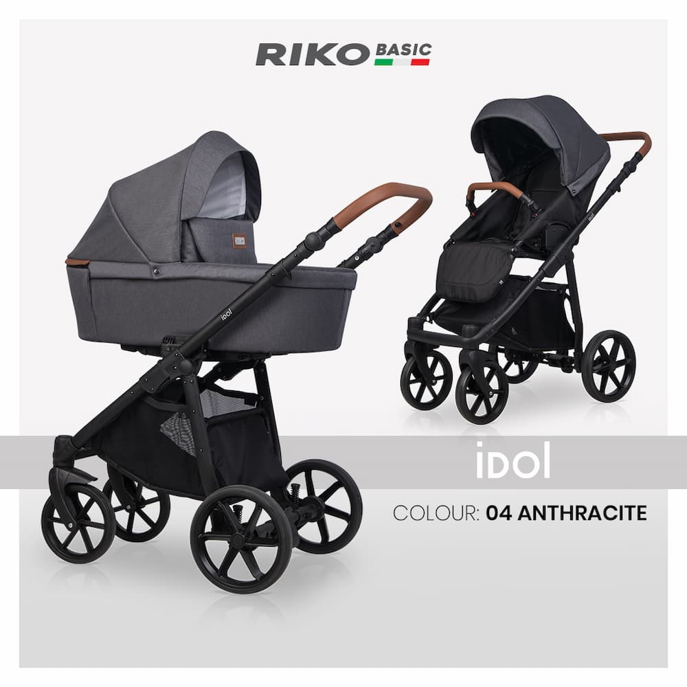 Комбинирана бебешка количка Riko Basic Idol 04 Anthracite в класически тъмносив цвят