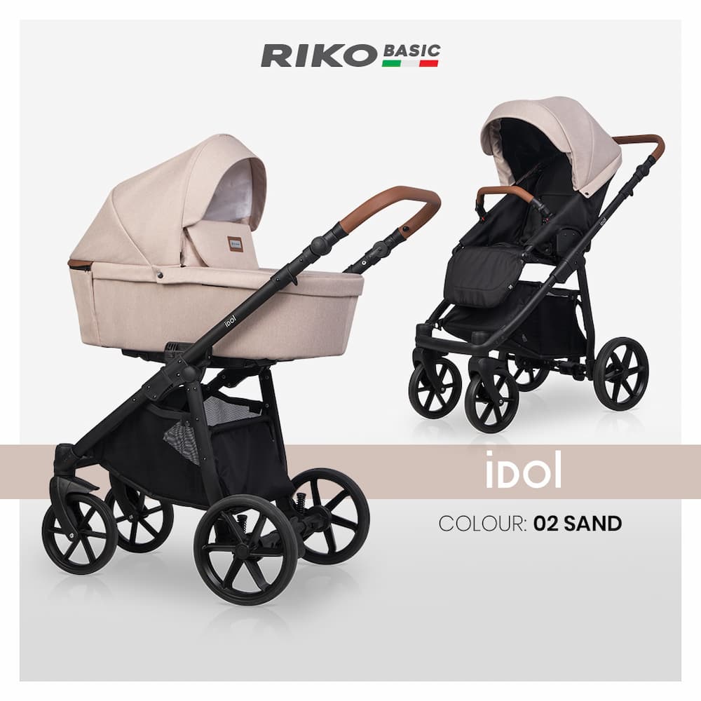 Комбинирана количка Riko Basic Idol 02 Sand с кош за новородено на пясъчен фон