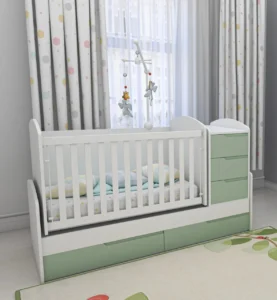 Бебешко легло-люлка Dizain Baby Съни Падаща решетка Бяло/Зелено