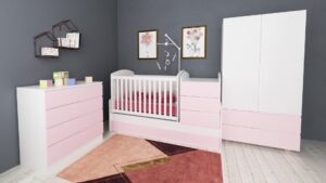 Бебешко легло-люлка Dizain Baby Съни Падаща решетка Бяло/Розово