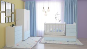 Бебешко легло-люлка Dizain Baby Съни Падаща решетка Бяло/Синьо