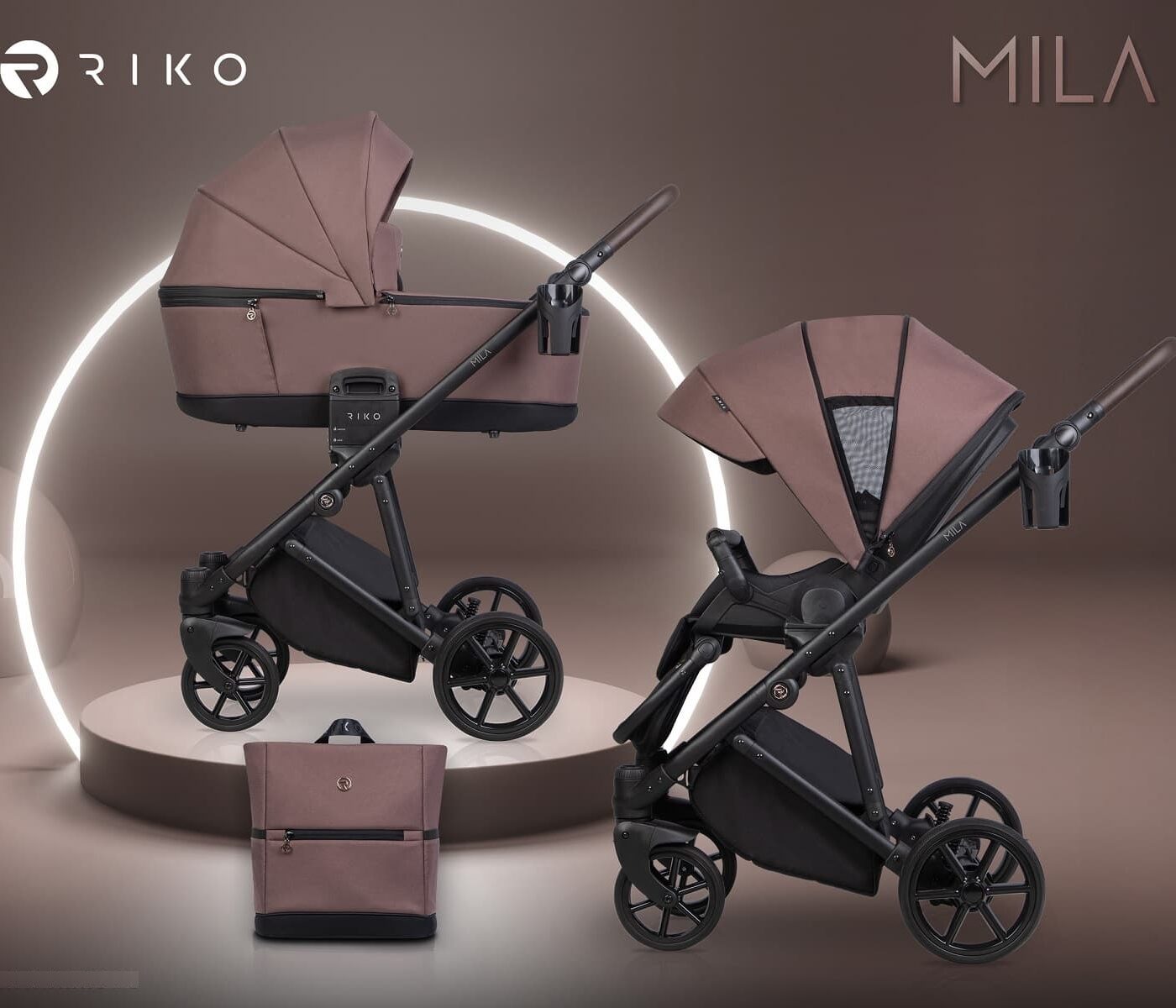 Комбинирана бебешка количка 2в1 Riko Mila 03 Mousse с кош за новородено и олекотена рама