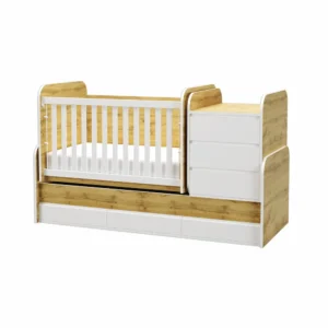 Комбинирано бебешко легло Изи с МДФ решетка и схема за трансформация в юношеско легло, бюро и скрин