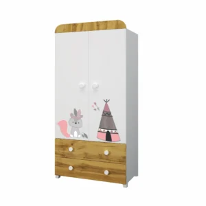 Двукрилен бебешки гардероб Индиански лагер в бяло и дъб вотан с розова апликация