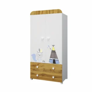 Двукрилен детски гардероб Индиански лагер в бяло и дъб вотан със синя апликация типи