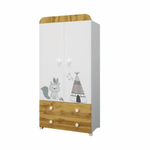 Двукрилен детски гардероб Индиански лагер в бяло и дъб вотан със сива апликация