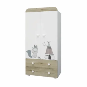 Двукрилен детски гардероб Индиански лагер в бяло и скандинавски дъб със сива апликация
