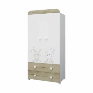Двукрилен бебешки гардероб Сънливко в комбинация Бяло и Скандинавски дъб с апликация на мече