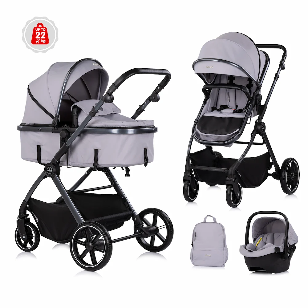 Комбинирана бебешка количка Chipolino Pearl 2 в 1 в цвят Платина с раница и покривало