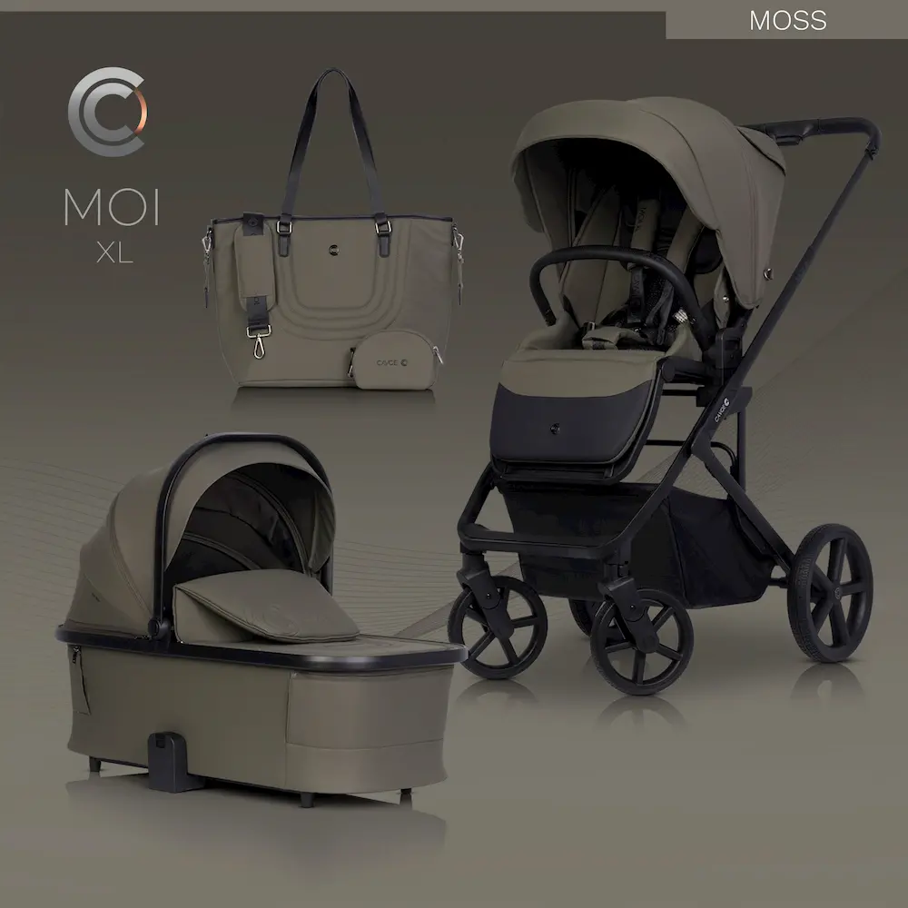 Alt текст: Детска комбинирана количка 2в1 Cavoe MOI XL в цвят Moss с кош за новородено, седалка и чанта