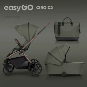 Презентационен комплект 2 в 1 EASYGO GIRO G2 в цвят Khaki, включващ шасито със седалка, коша за новородено и чантата за аксесоари.