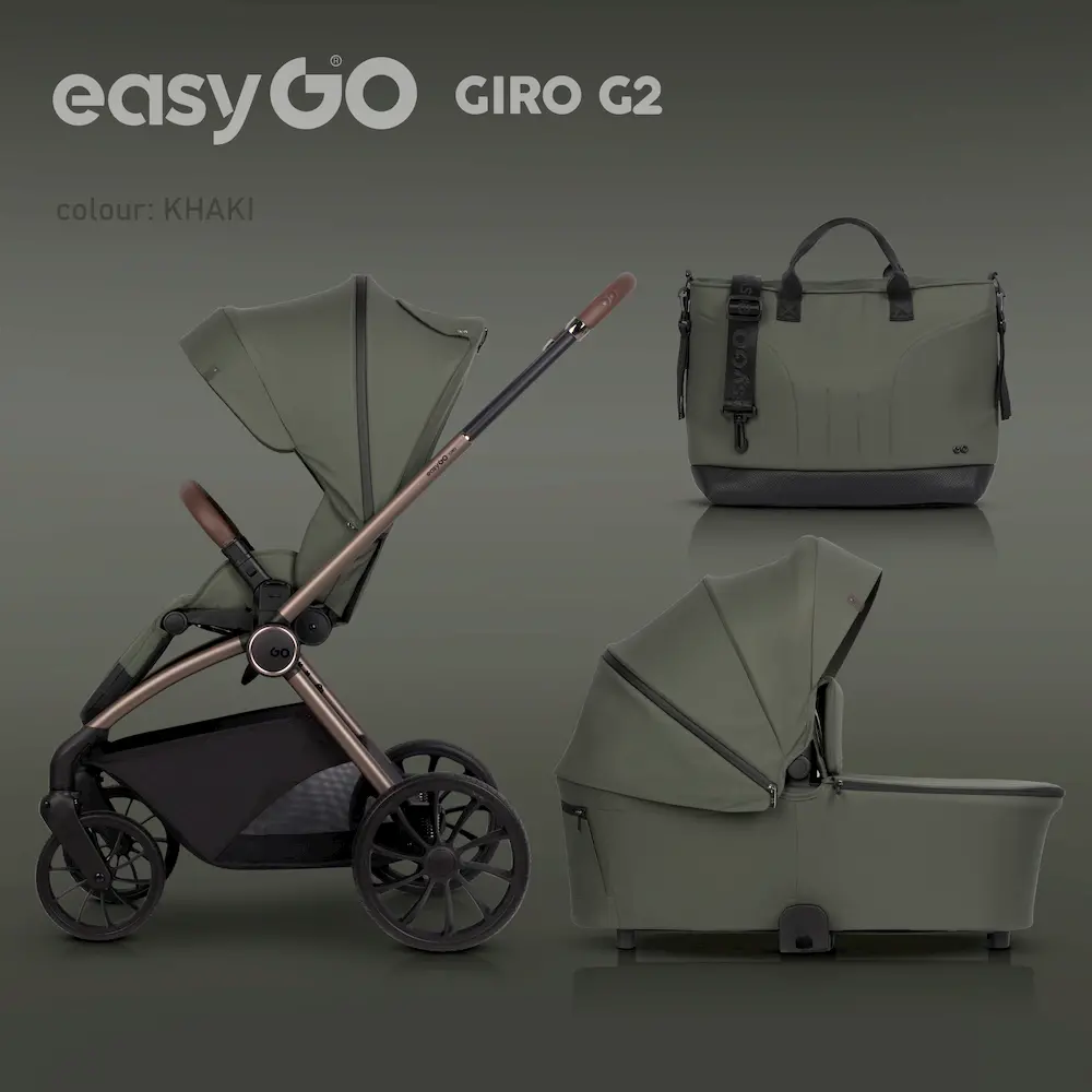 Презентационен комплект 2 в 1 EASYGO GIRO G2 в цвят Khaki, включващ шасито със седалка, коша за новородено и чантата за аксесоари.