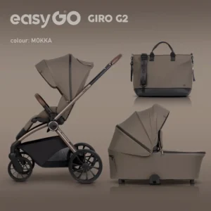 Презентационен комплект 2 в 1 EASYGO GIRO G2 в цвят Mokka, включващ олекотеното шаси със седалка, кош за новородено и стилна чанта за аксесоари.