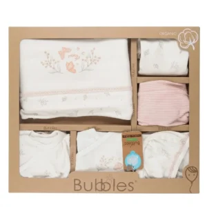 Бебешки органичен комплект за изписване Bubbles с мотив на цветя и пеперуди от 10 части в крафт подаръчна кутия