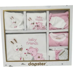 Бебешки памучен комплект за изписване Dapster Baby Friends с бродерия на зайче и мече от 10 части в луксозна кутия