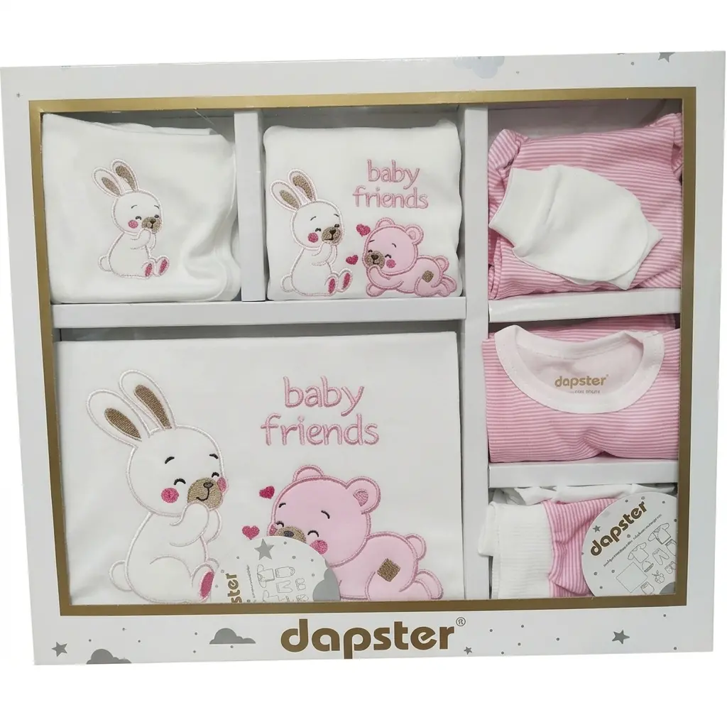 Бебешки памучен комплект за изписване Dapster Baby Friends с бродерия на зайче и мече от 10 части в луксозна кутия