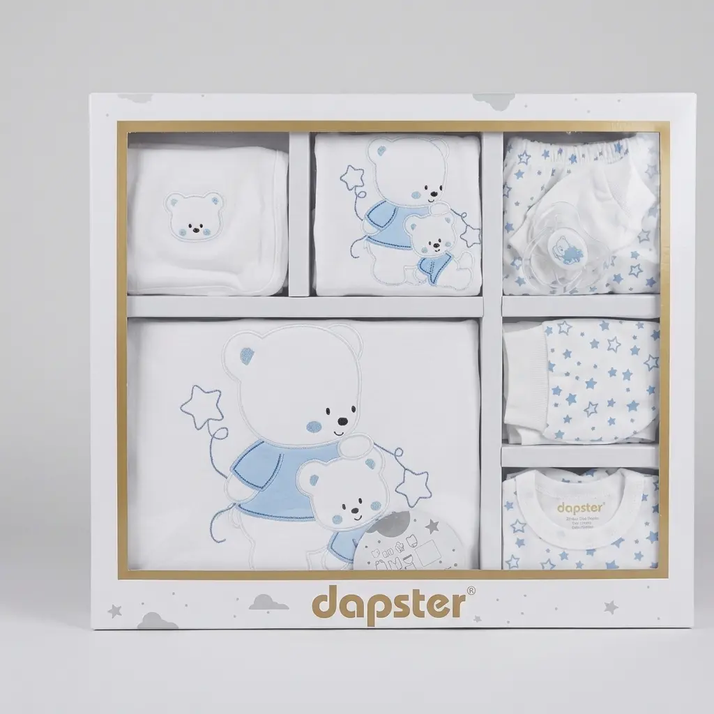 Бебешки памучен комплект за изписване Dapster със звездички и мечета от 10 части в подаръчна кутия