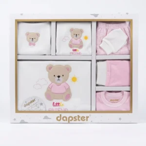 Бебешки комплект за изписване Dapster Little Friend в бяло и розово с апликация на мече от 10 части в подаръчна кутия