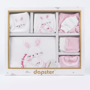 Детски памучен комплект Dapster „Rabbit Friends“ в розов цвят с бродерия на зайчета от 10 части в подаръчна кутия