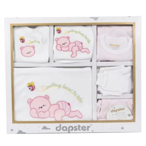 Бебешки памучен комплект за изписване Dapster Smiling Faces с бродерия на спящо мече и пчеличка от 10 части в подаръчна кутия