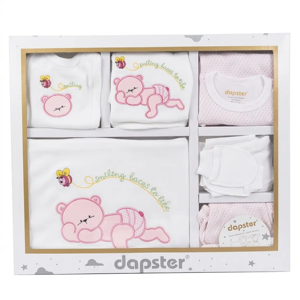 Бебешки памучен комплект за изписване Dapster Smiling Faces с бродерия на спящо мече и пчеличка от 10 части в подаръчна кутия