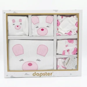 Бебешки памучен комплект за изписване Dapster в бяло и розово със спящо мече от 10 части в подаръчна кутия