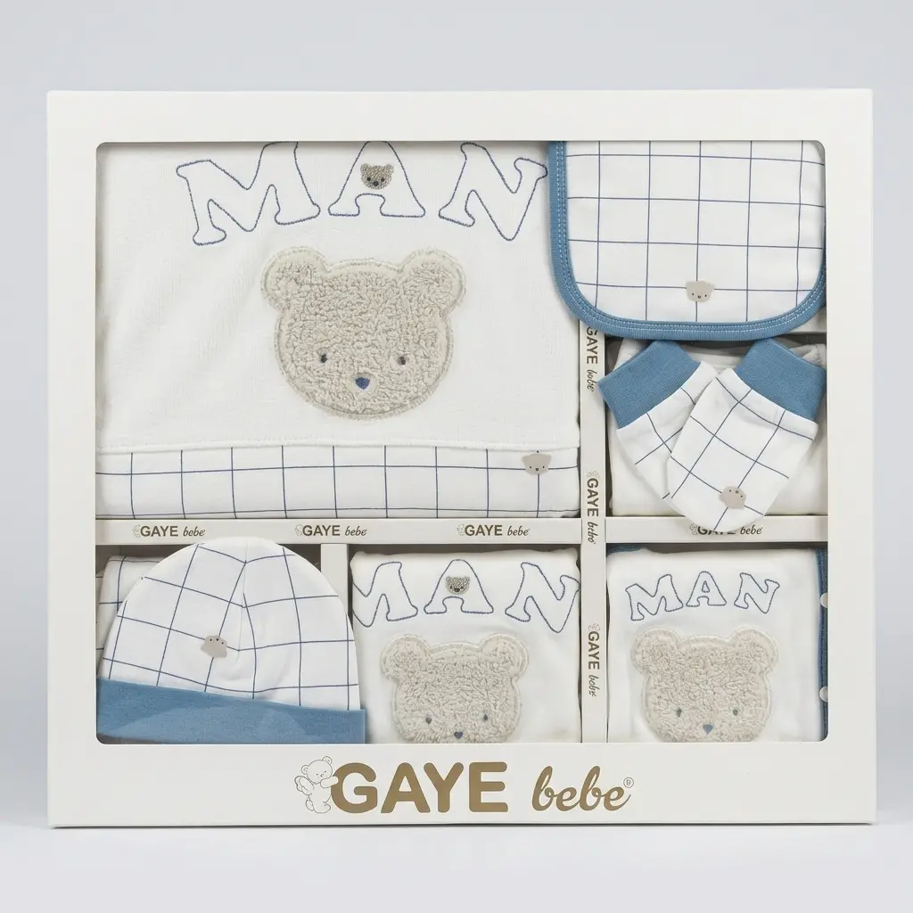 Бебешки памучен комплект за изписване за момче Gaye Bebe Man Bear каре с мече от 10 части в кутия