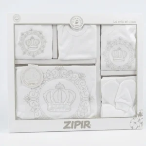 Бебешки памучен комплект за изписване Zipir Royal Crown в подаръчна кутия от 10 части със сребърна бродерия на корони