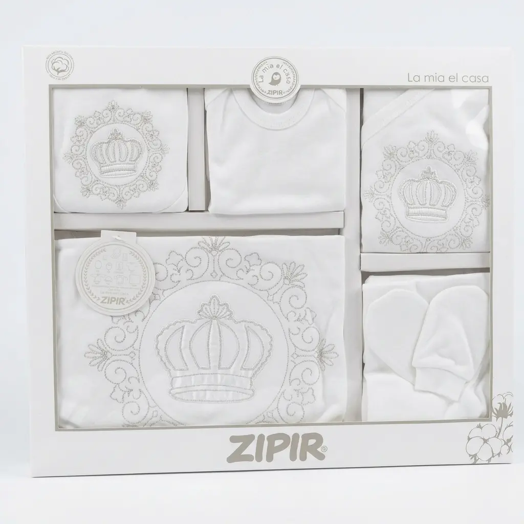 Бебешки памучен комплект за изписване Zipir Royal Crown в подаръчна кутия от 10 части със сребърна бродерия на корони