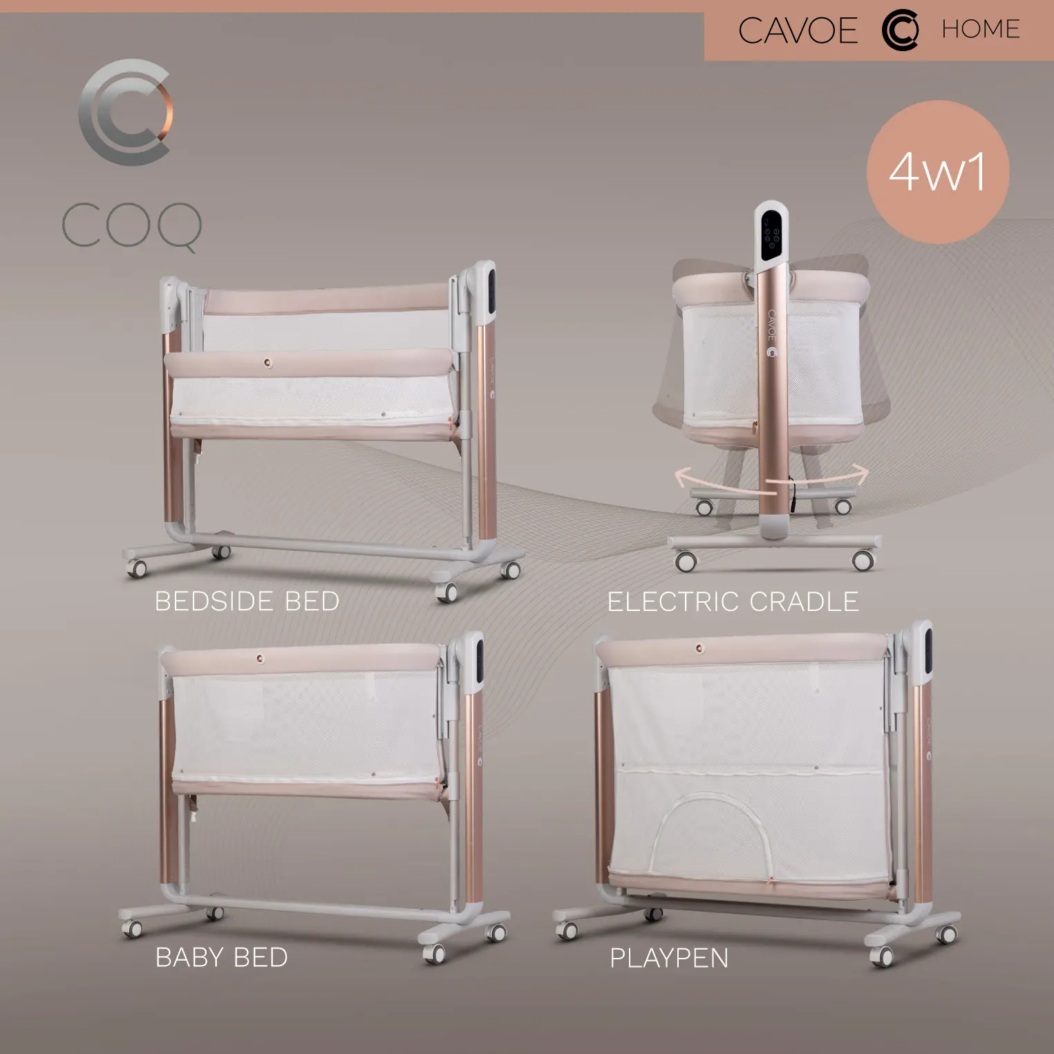 Илюстрация на 4-те режима на работа на Cavoe COQ Cashmere: странично легло, електрическа люлка, самостоятелно кошарче и кошара за игра.